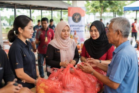 Handing aid bags to a resident at a Persatuan Anak Temangan event