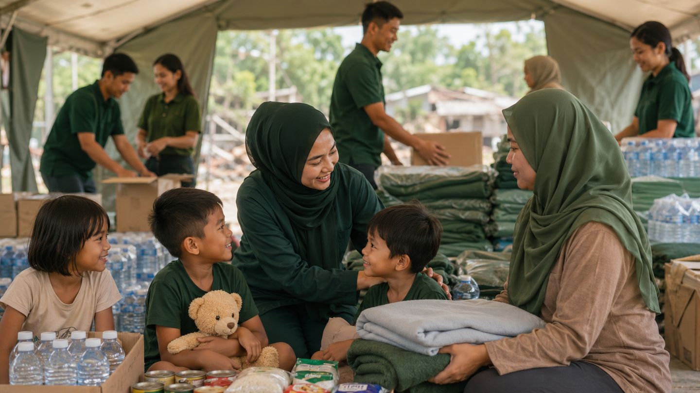 Volunteers distributing aid supplies to families at a relief point