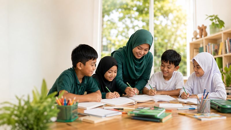 A teacher guiding children at a study table
