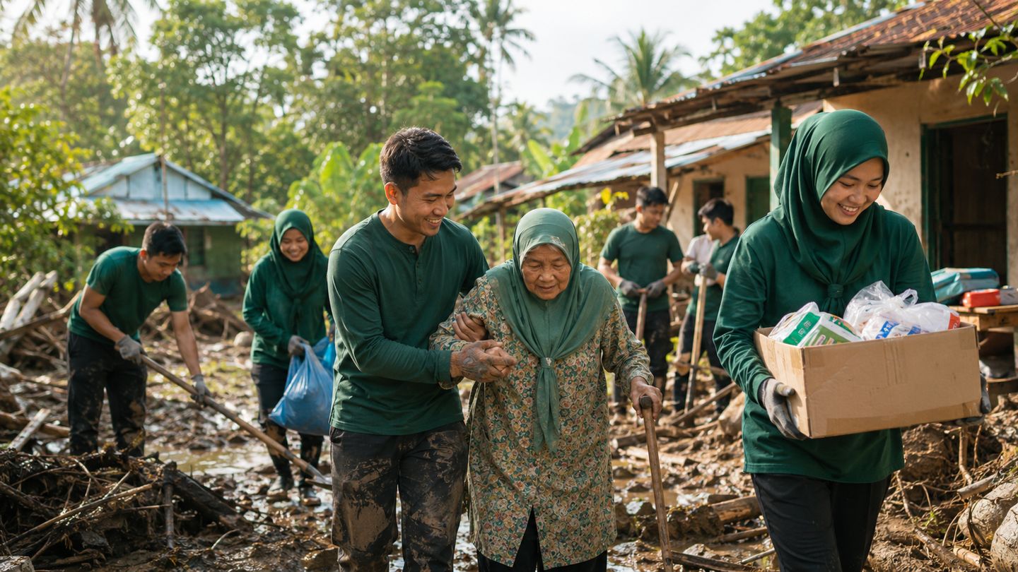 Volunteers helping an elderly resident through flood debris
