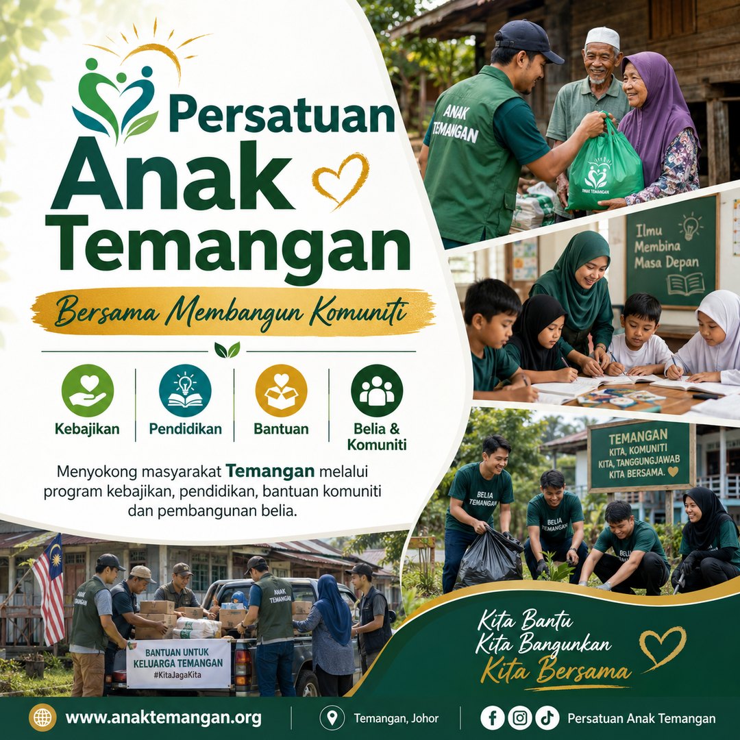 Persatuan Anak Temangan information poster showing welfare, education, aid and youth programmes