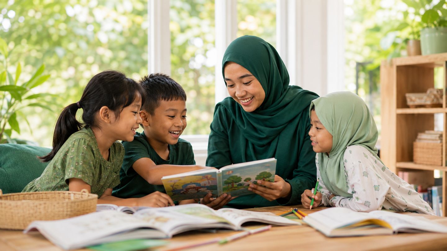 A mentor reading a storybook with children