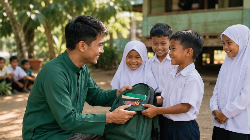 A volunteer handing a school bag of supplies to children in uniform